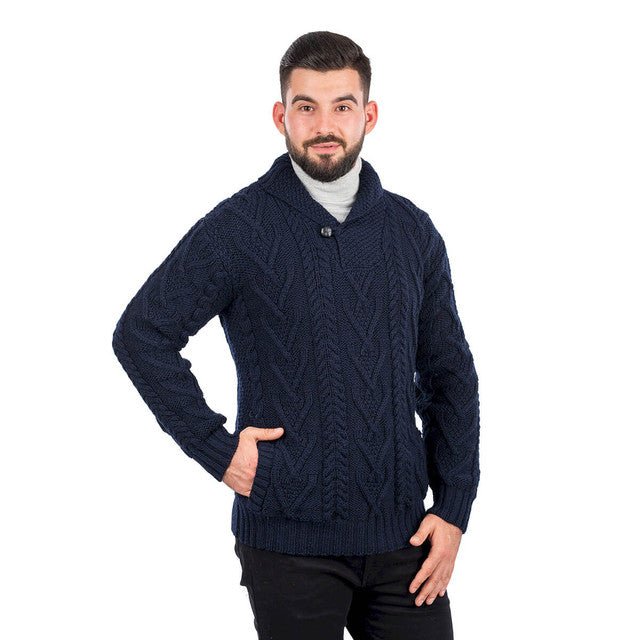 Men's Marino Wool Shawl Collar Single Button Sweater - The Celtic Gift Store - 