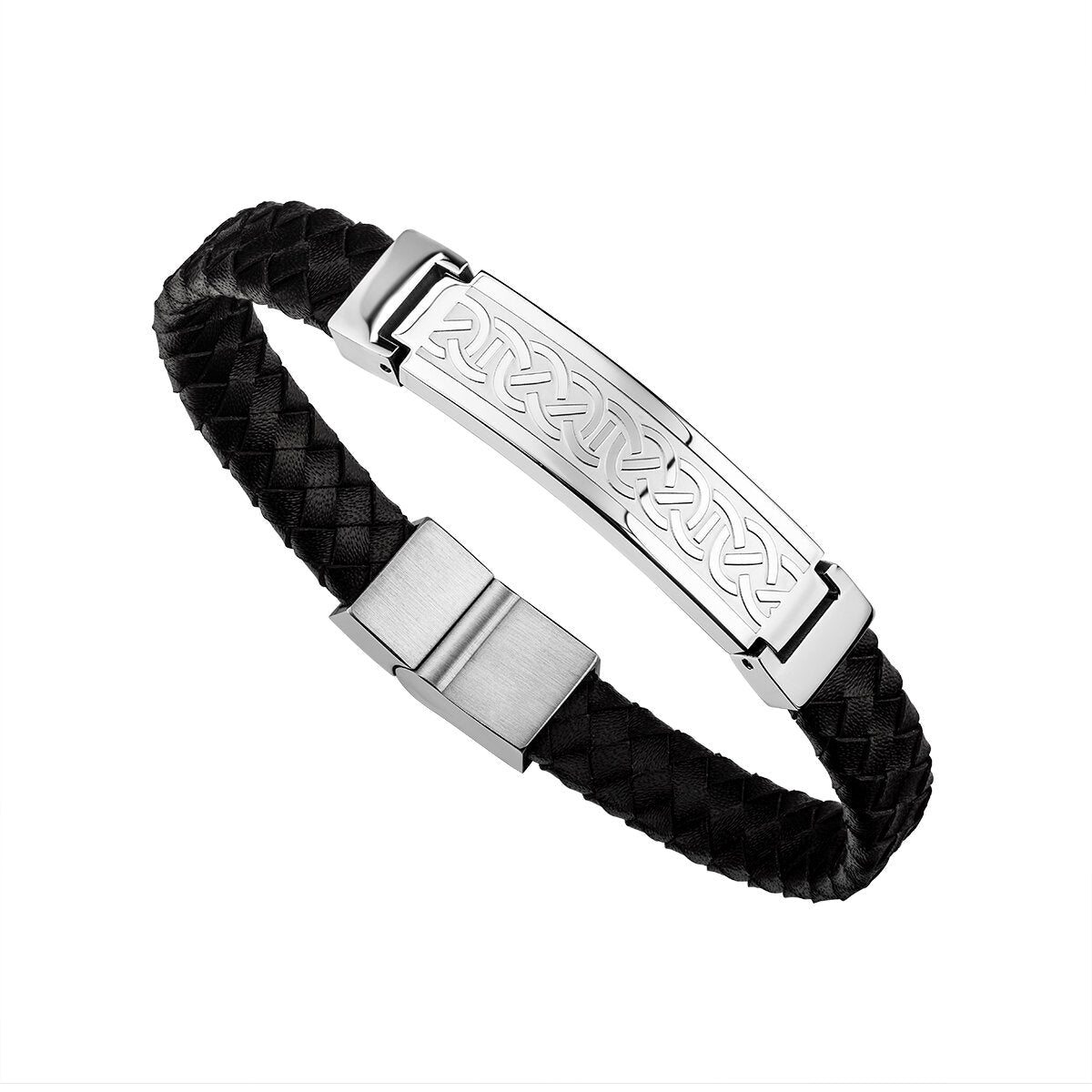 Men's Stainless Steel & Black Leather Celtic Knot Bracelet - The Celtic Gift Store - bracelets
