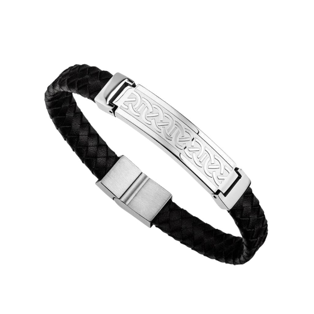 Men's Stainless Steel & Black Leather Celtic Knot Bracelet