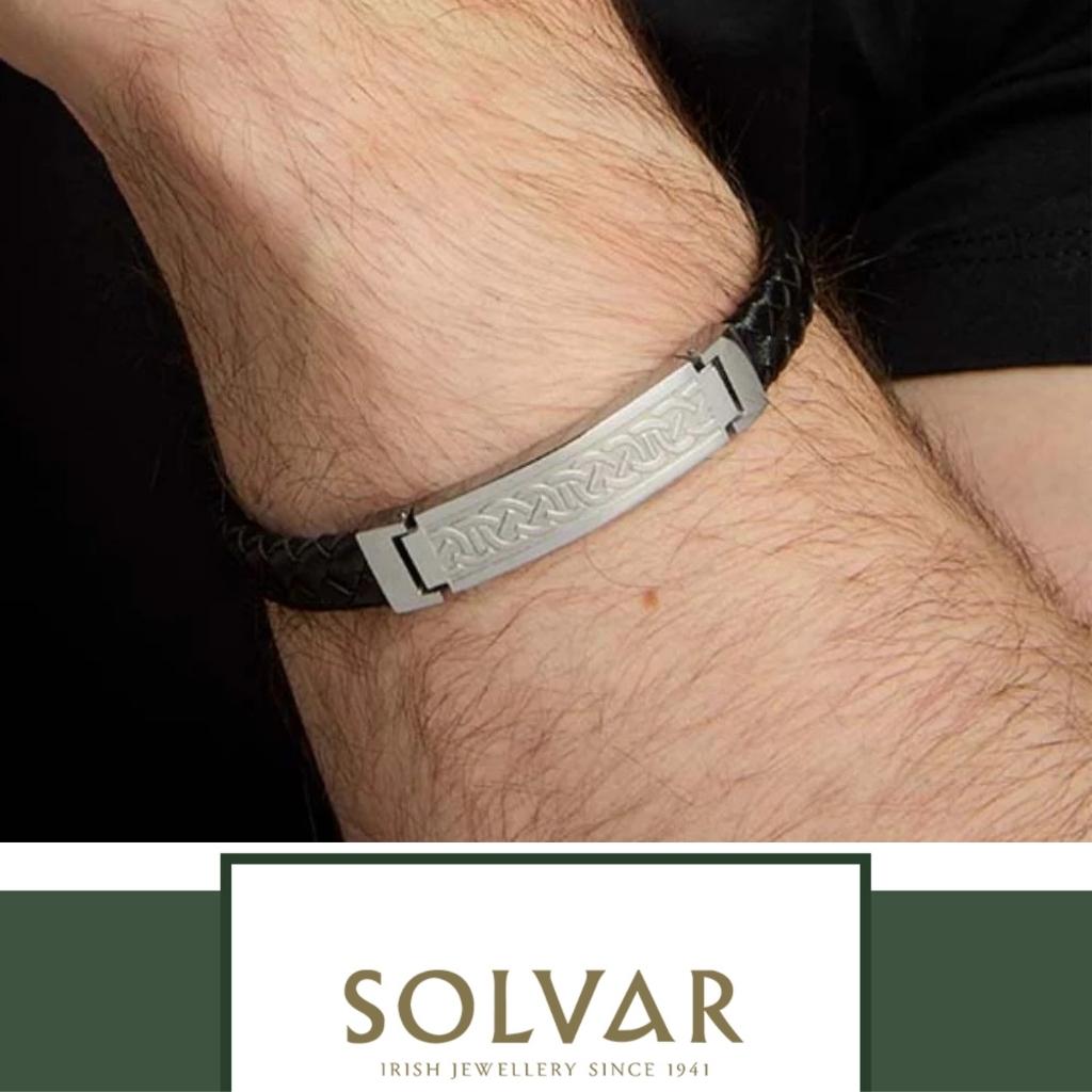 Men's Stainless Steel & Black Leather Celtic Knot Bracelet