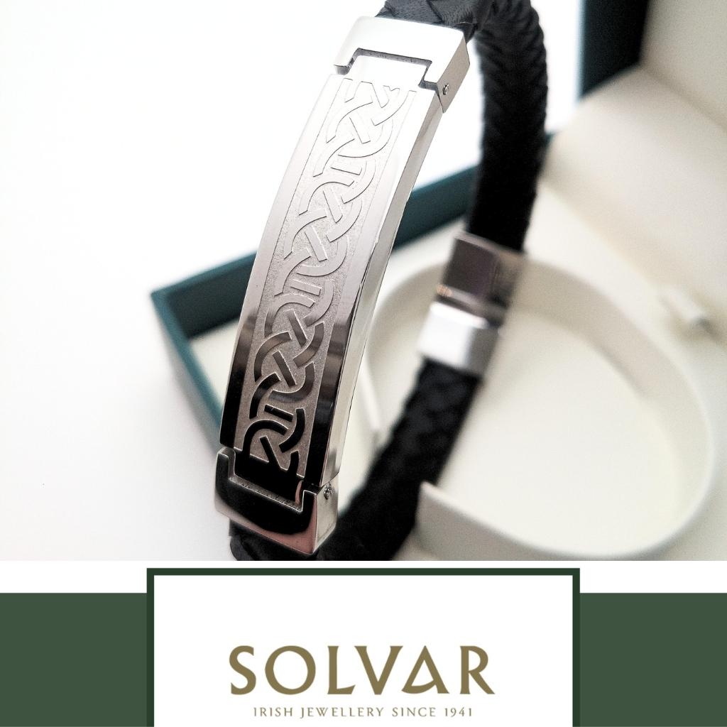 Men's Stainless Steel & Black Leather Celtic Knot Bracelet
