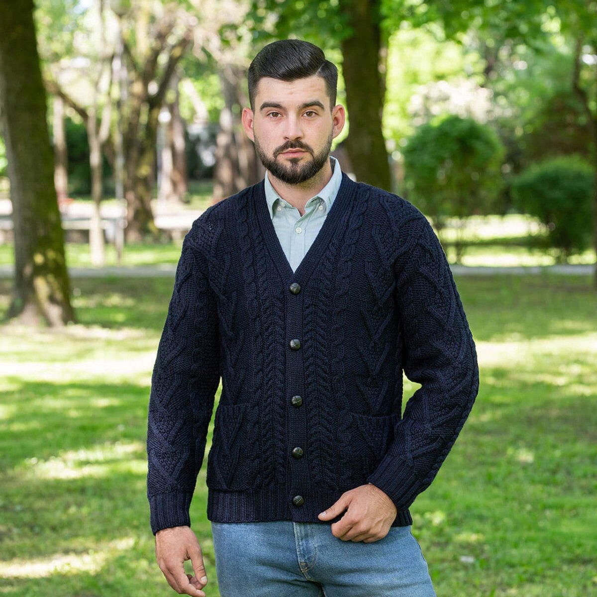 Mens V Neck Cable Cardigan - The Celtic Gift Store - 