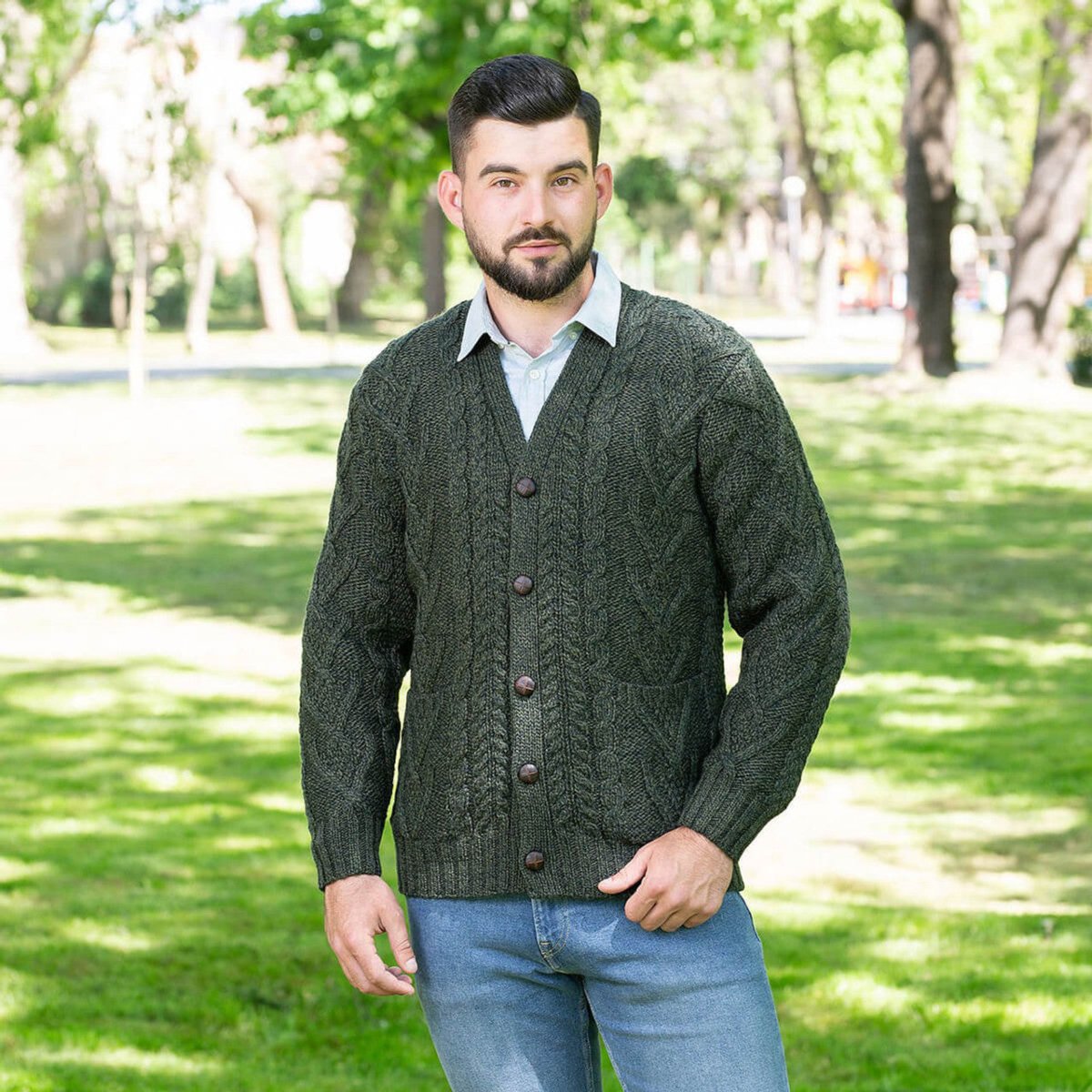 Mens V Neck Cable Cardigan - The Celtic Gift Store - 