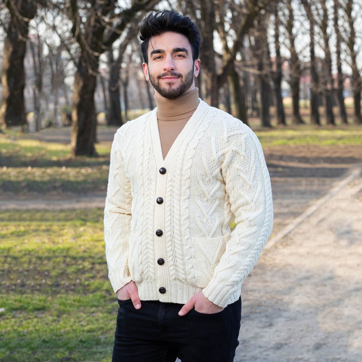 Mens V Neck Cable Cardigan - The Celtic Gift Store - 