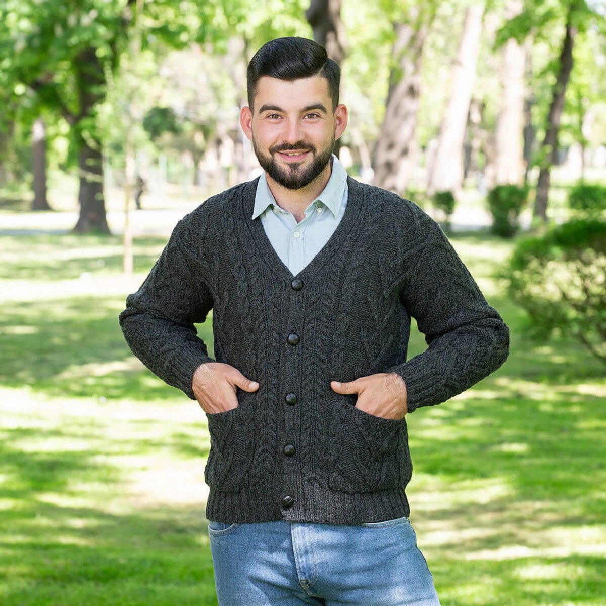 Mens V Neck Cable Cardigan - The Celtic Gift Store - 
