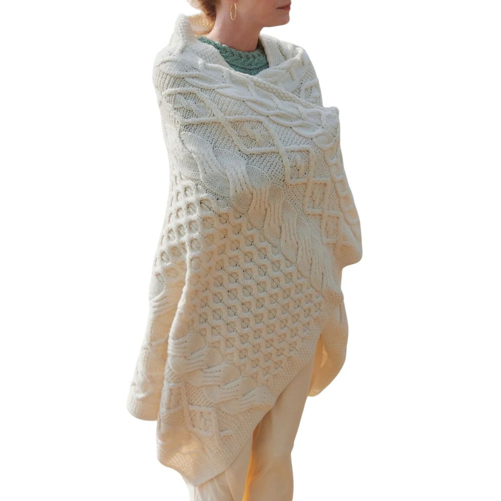 Merino Dugort Honey, Diamond, and Cable Aran Throw - Cream