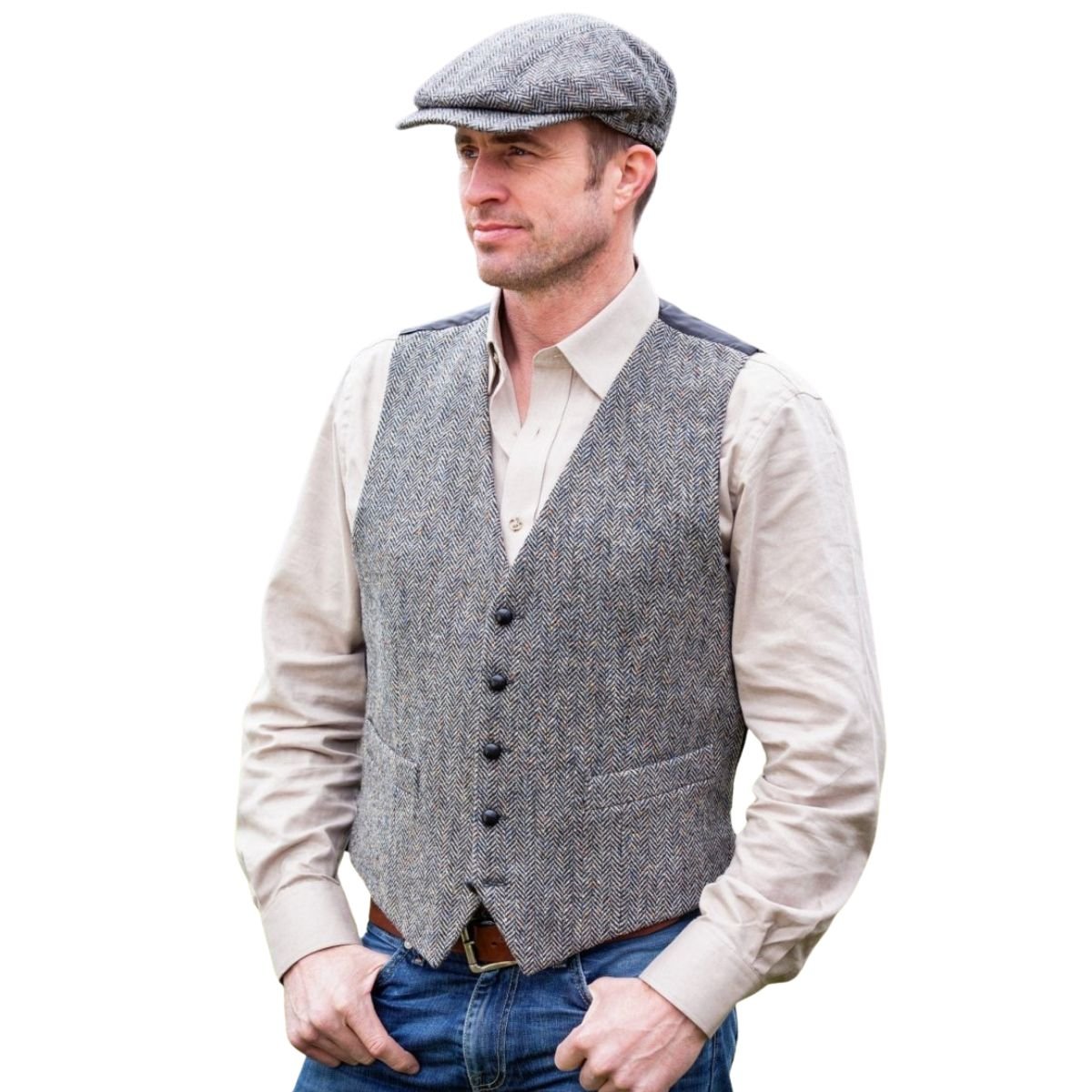 Mucros Weavers Tweed Waistcoat - Black and White Herringbone
