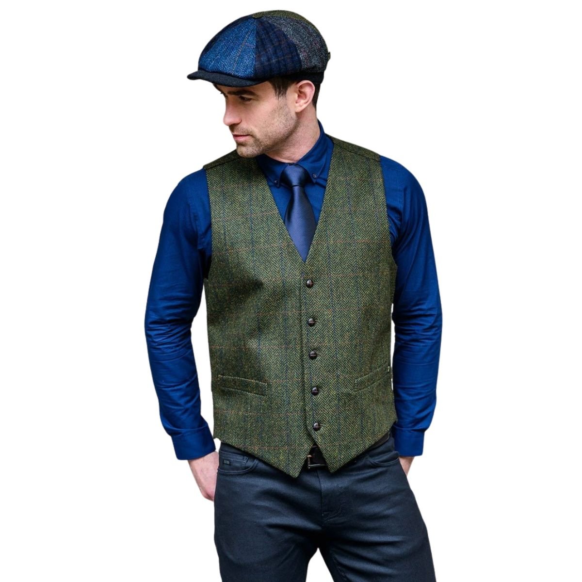 Mucros Weavers Tweed Waistcoat - Dark Green Herringbone