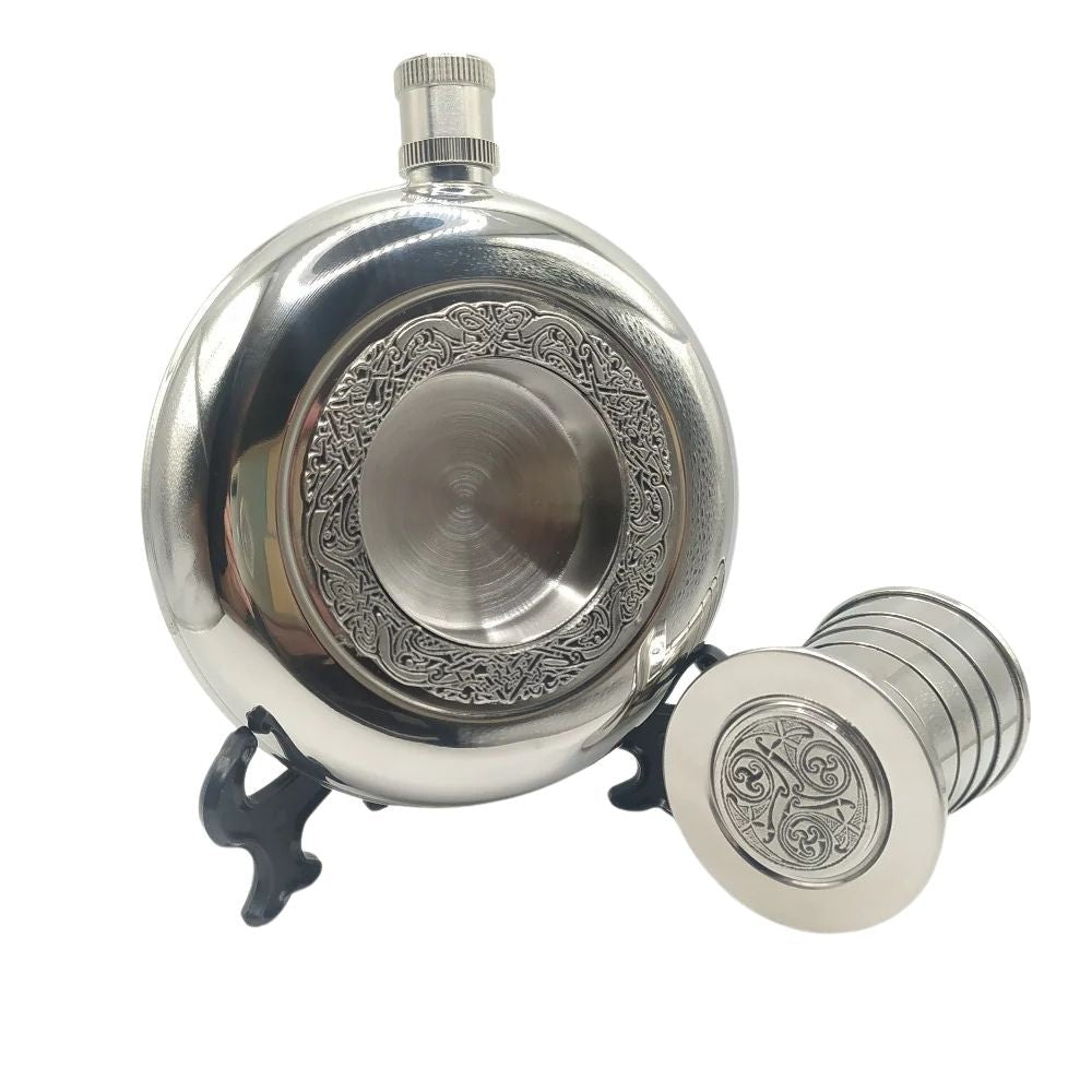 Mullingar Pewter Round Celtic Pocket Flask with Expandable Cup - The Celtic Gift Store - Drinkware