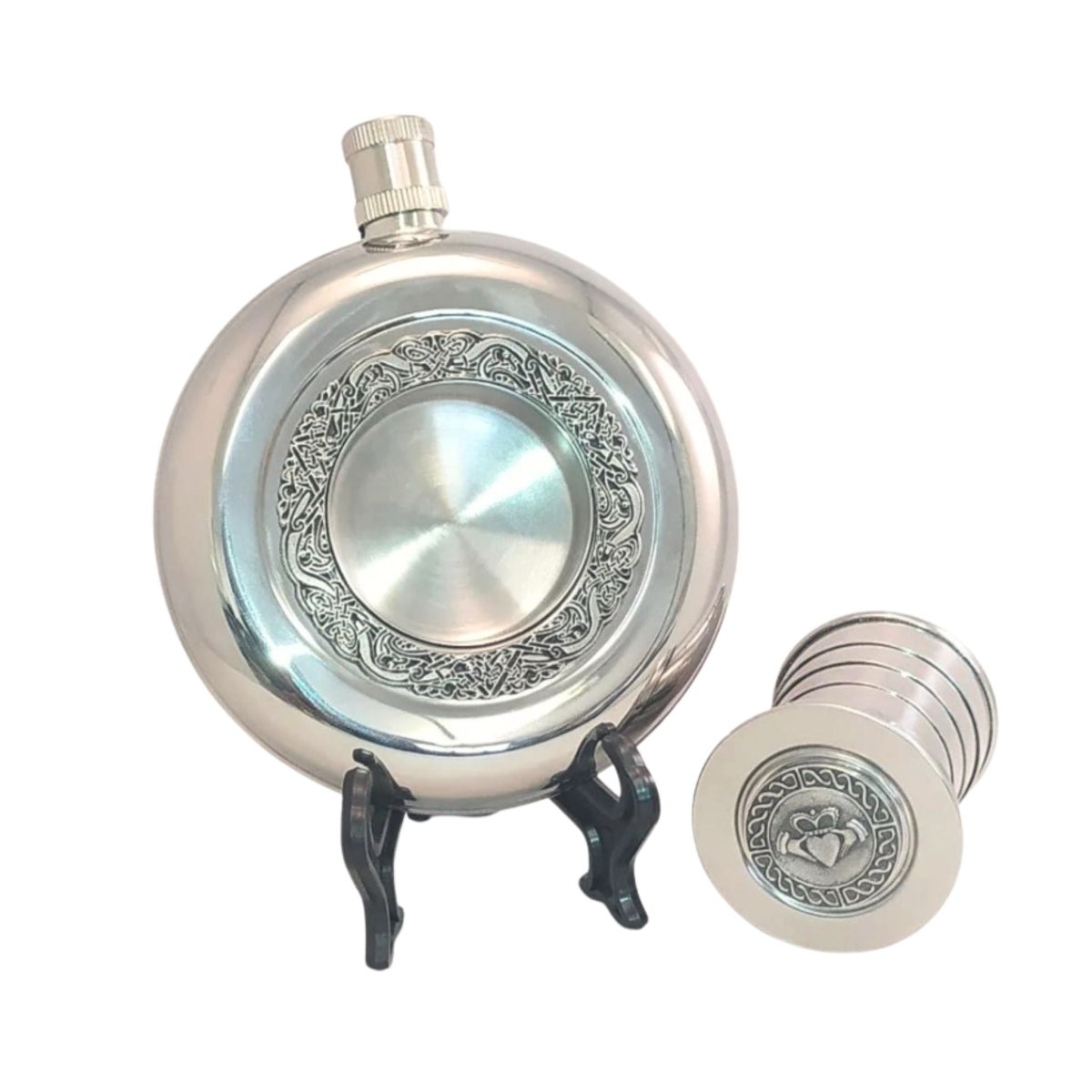 Mullingar Pewter Round Claddagh Whiskey Flask with Expandable Cup - The Celtic Gift Store - Drinkware
