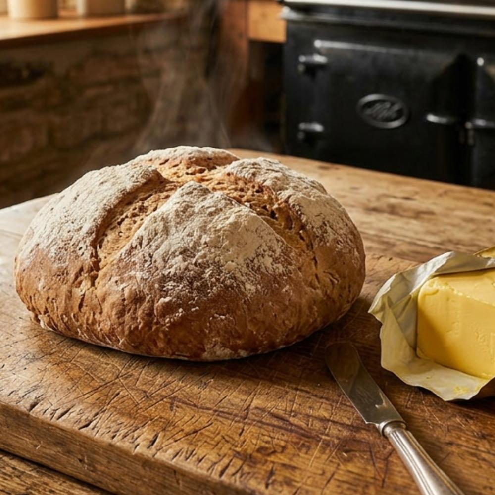Loaf of bread on a wooden cutting board with a knife and butter next to it, in front of a black stove.