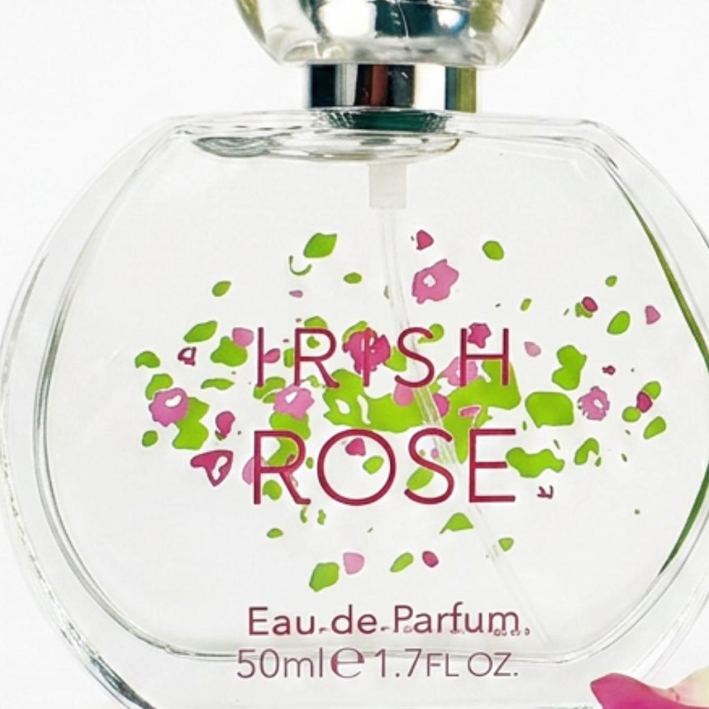 Powerscourt Garden Irish Floral Rose Perfume bottle, 1.7 oz, Irish Rose with pink-green floral motif.