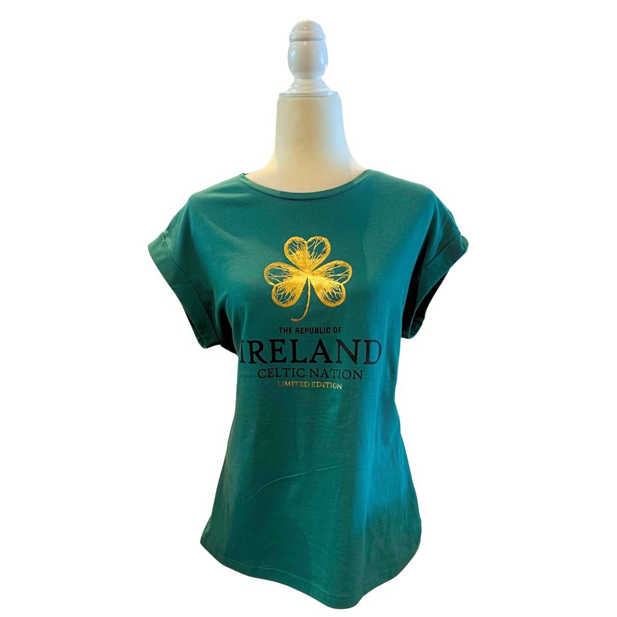 Republic of Ireland Gold Foil Shamrock Green Ladies T-Shirt
