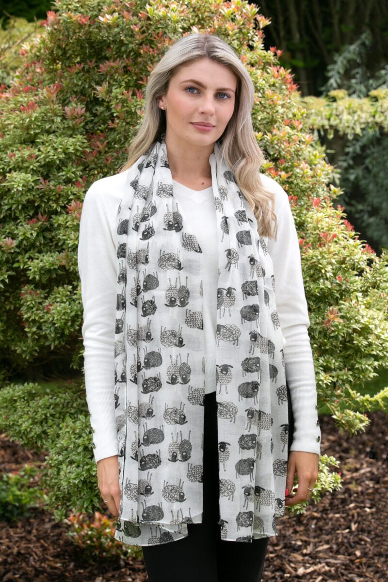 Sketched Sheep Scarf - White - The Celtic Gift Store - Scarves & Shawls