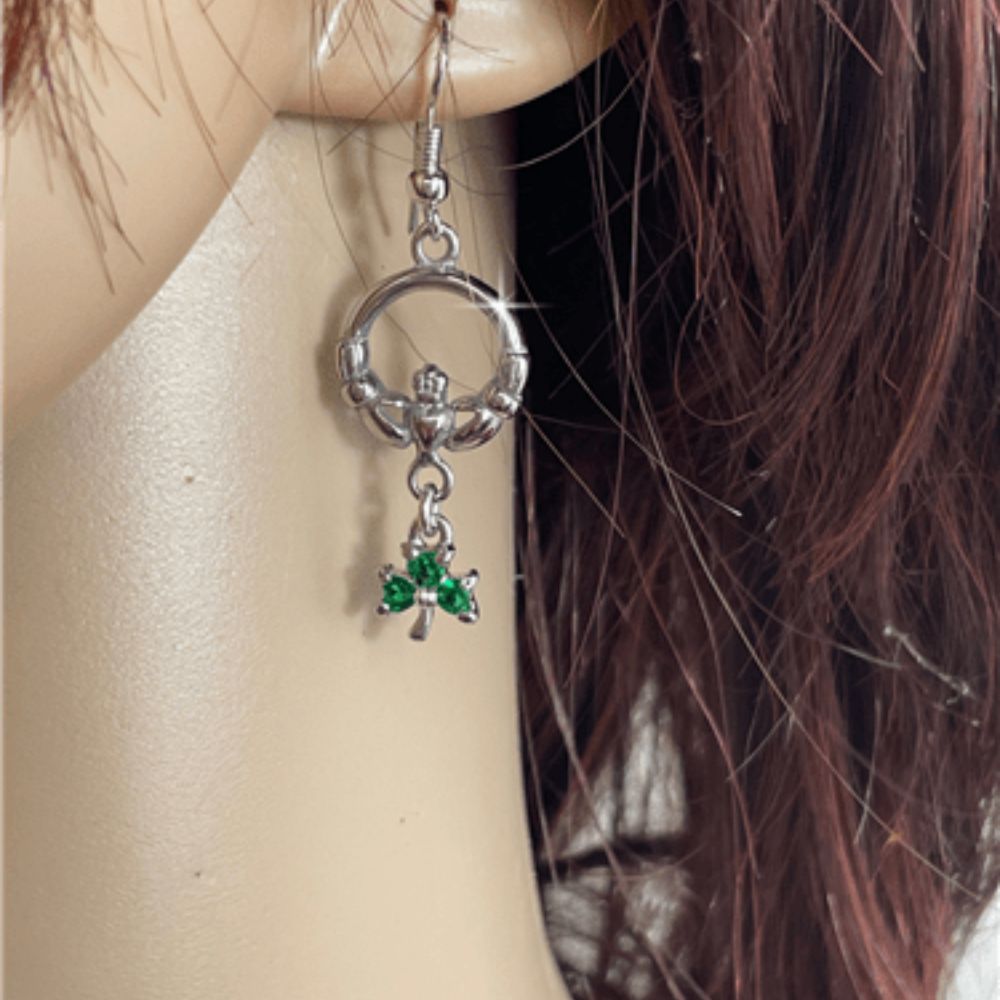 Stainless Steel Claddagh and Shamrock Drop Earrings - The Celtic Gift Store - Earrings