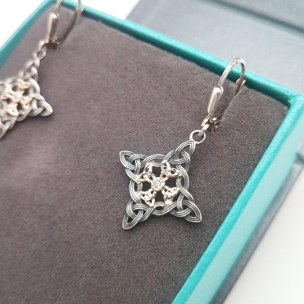 Sterling Silver and 10k Gold Celestial Cross Earrings