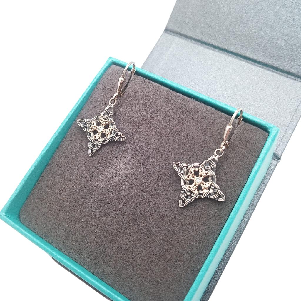 Sterling Silver and 10k Gold Celestial Cross Earrings