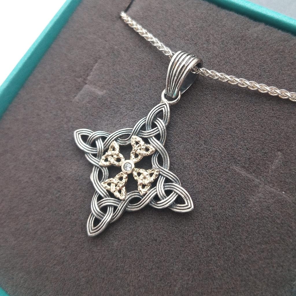 Sterling Silver and 10k Gold Celestial Cross Necklace