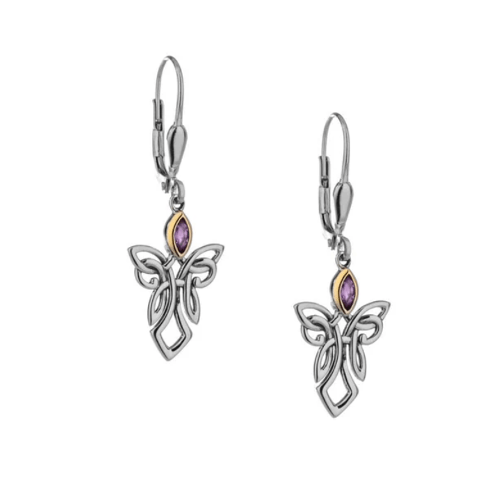 Sterling Silver and 10k Gold Celtic Guardian Angel Earrings - Amethyst - The Celtic Gift Store - Earrings