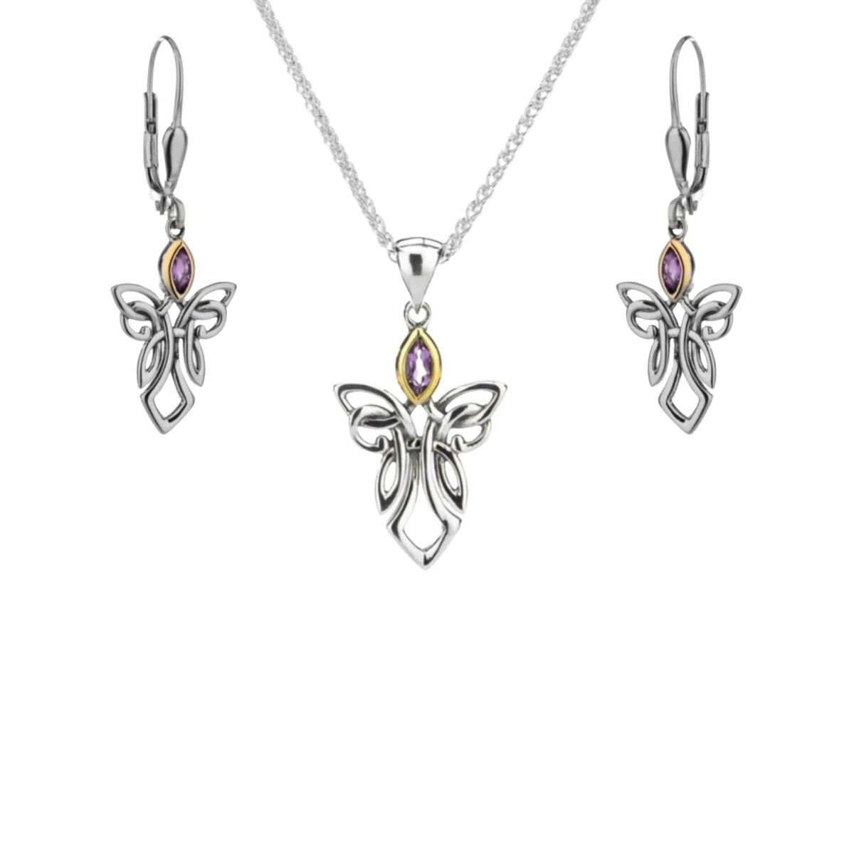 Sterling Silver and 10k Gold Celtic Guardian Angel Earrings - Amethyst - The Celtic Gift Store - Earrings