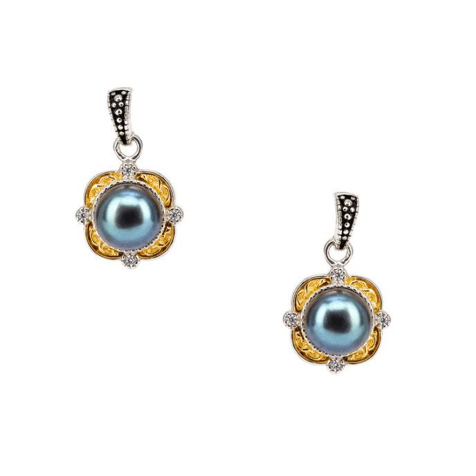 Sterling Silver and 10k Gold Celtic Knot Peacock Pearl Earrings