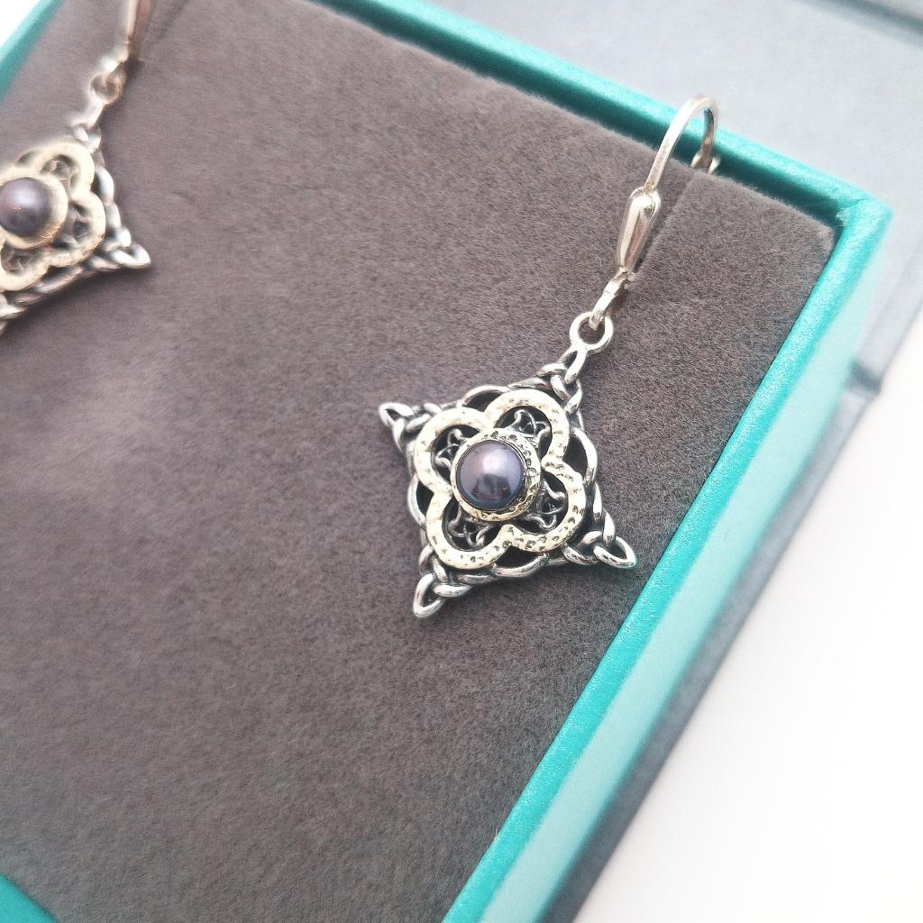 Sterling Silver and 10k Gold Celtic Star Peacock Pearl Earrings