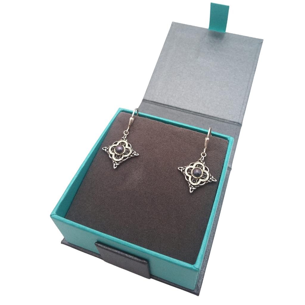 Sterling Silver and 10k Gold Celtic Star Peacock Pearl Earrings