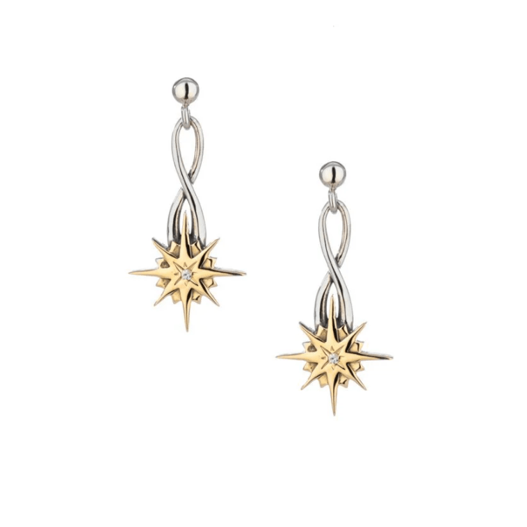 Sterling Silver and 10k Gold Falling Star Earrings with White Sapphire - The Celtic Gift Store - Earrings