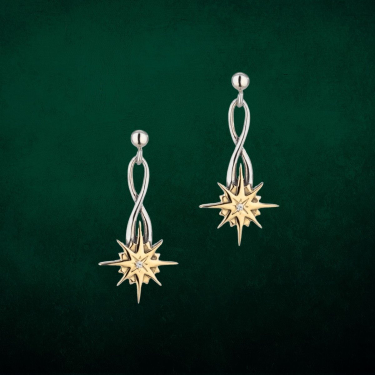 Sterling Silver and 10k Gold Falling Star Earrings with White Sapphire - The Celtic Gift Store - Earrings