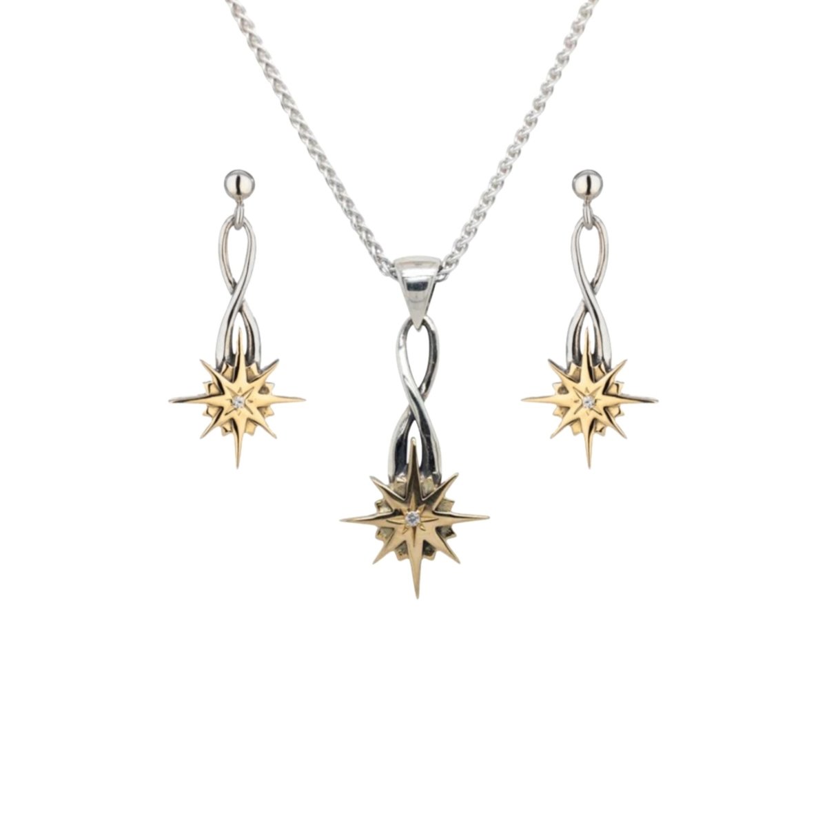 Sterling Silver and 10k Gold Falling Star Necklace with White Sapphire - The Celtic Gift Store - Necklaces