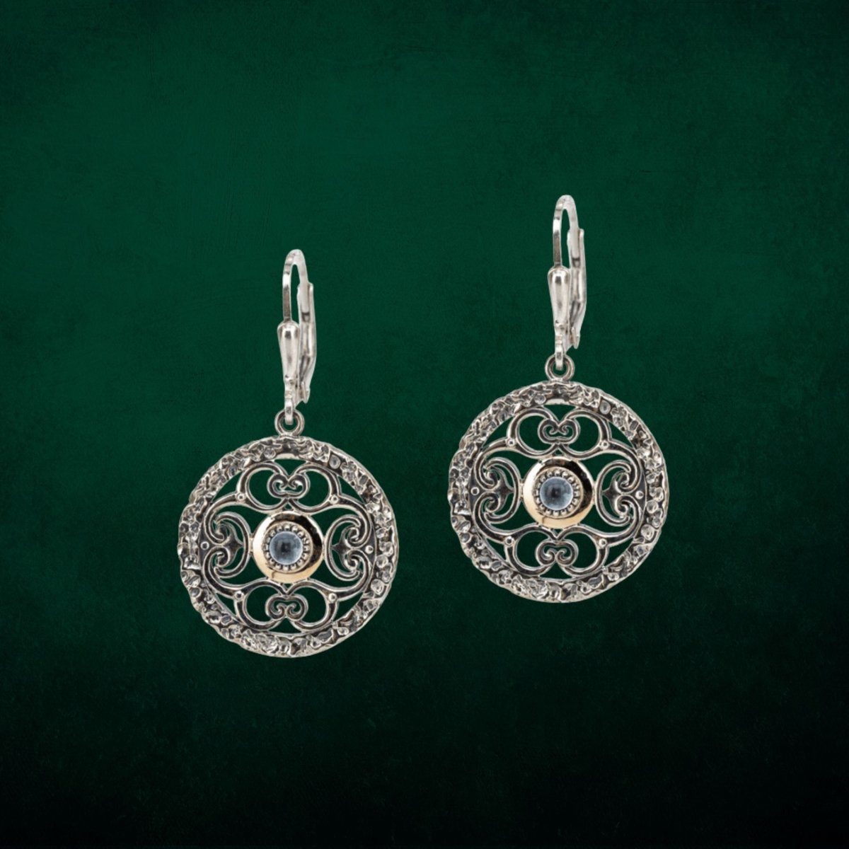 Sterling Silver and 10k Gold Whirlpool Earrings with Sky Blue Topaz - The Celtic Gift Store - Earrings