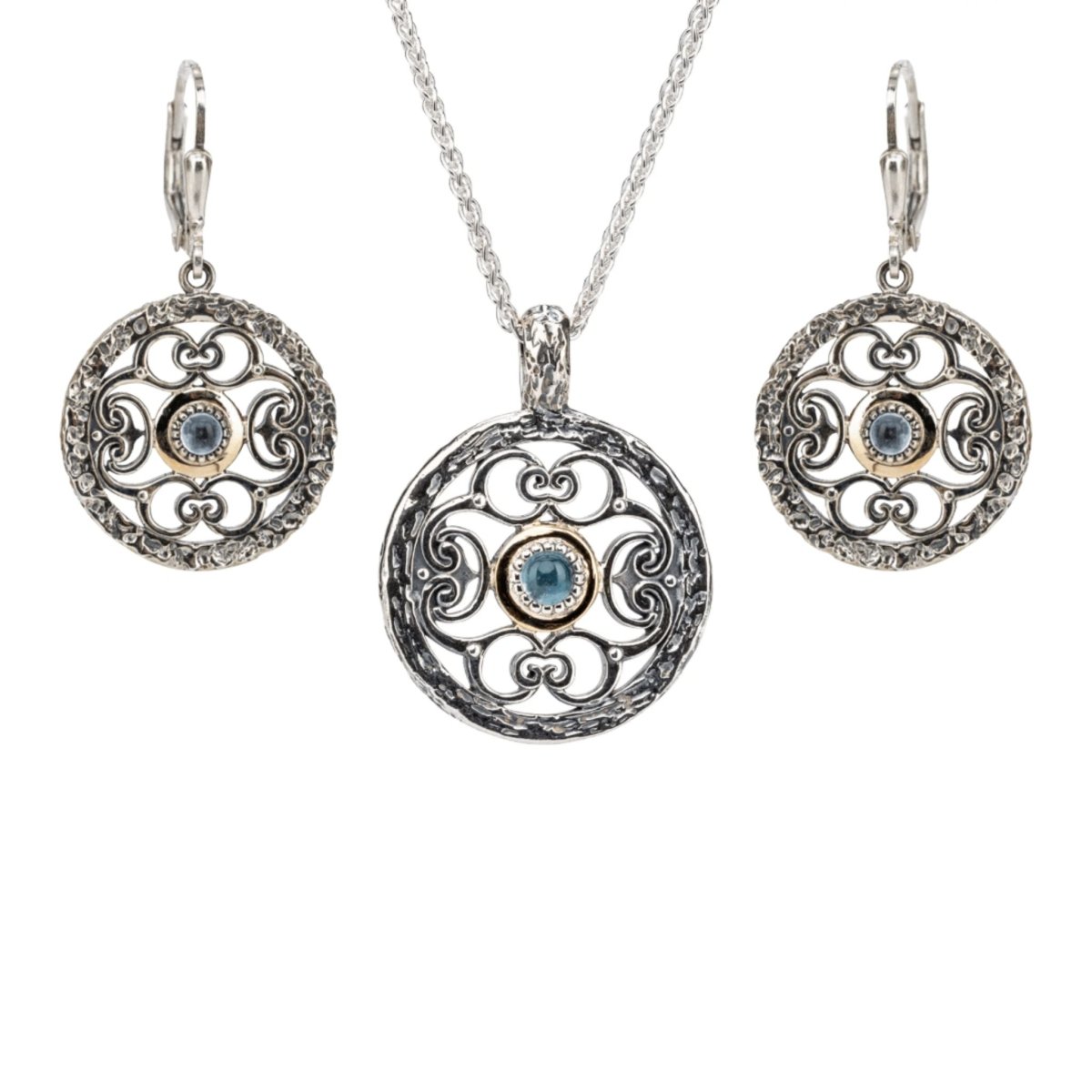 Sterling Silver and 10k Gold Whirlpool Necklace with Sky Blue Topaz - The Celtic Gift Store - Earrings