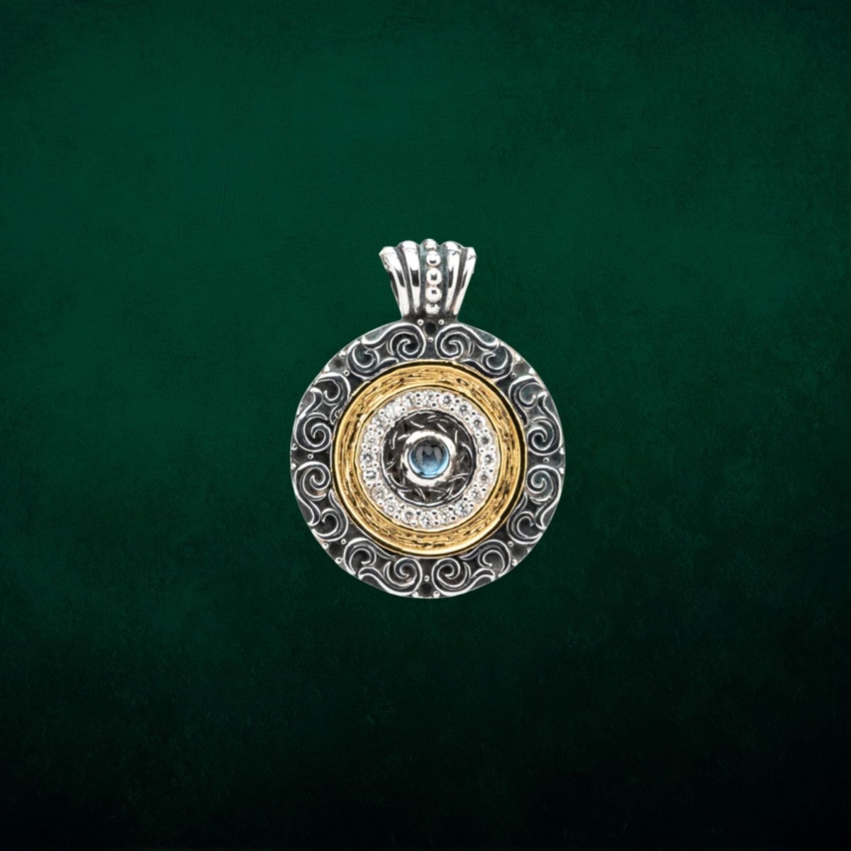 Sterling Silver and 14k Gold Shield Pendant with London Blue Topaz - The Celtic Gift Store - Necklaces