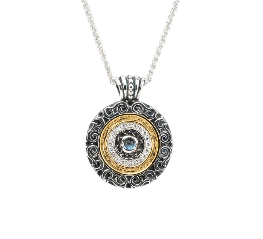 Sterling Silver and 14k Gold Shield Pendant with London Blue Topaz - The Celtic Gift Store - Necklaces