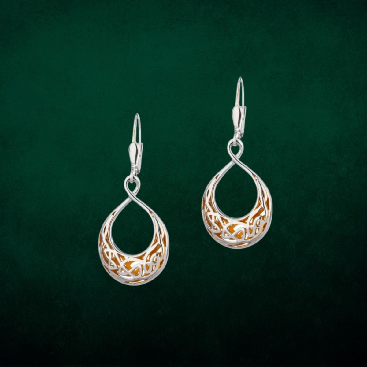 Sterling Silver and 22k Gold Celtic Teardrop Window Earrings - The Celtic Gift Store - Earrings