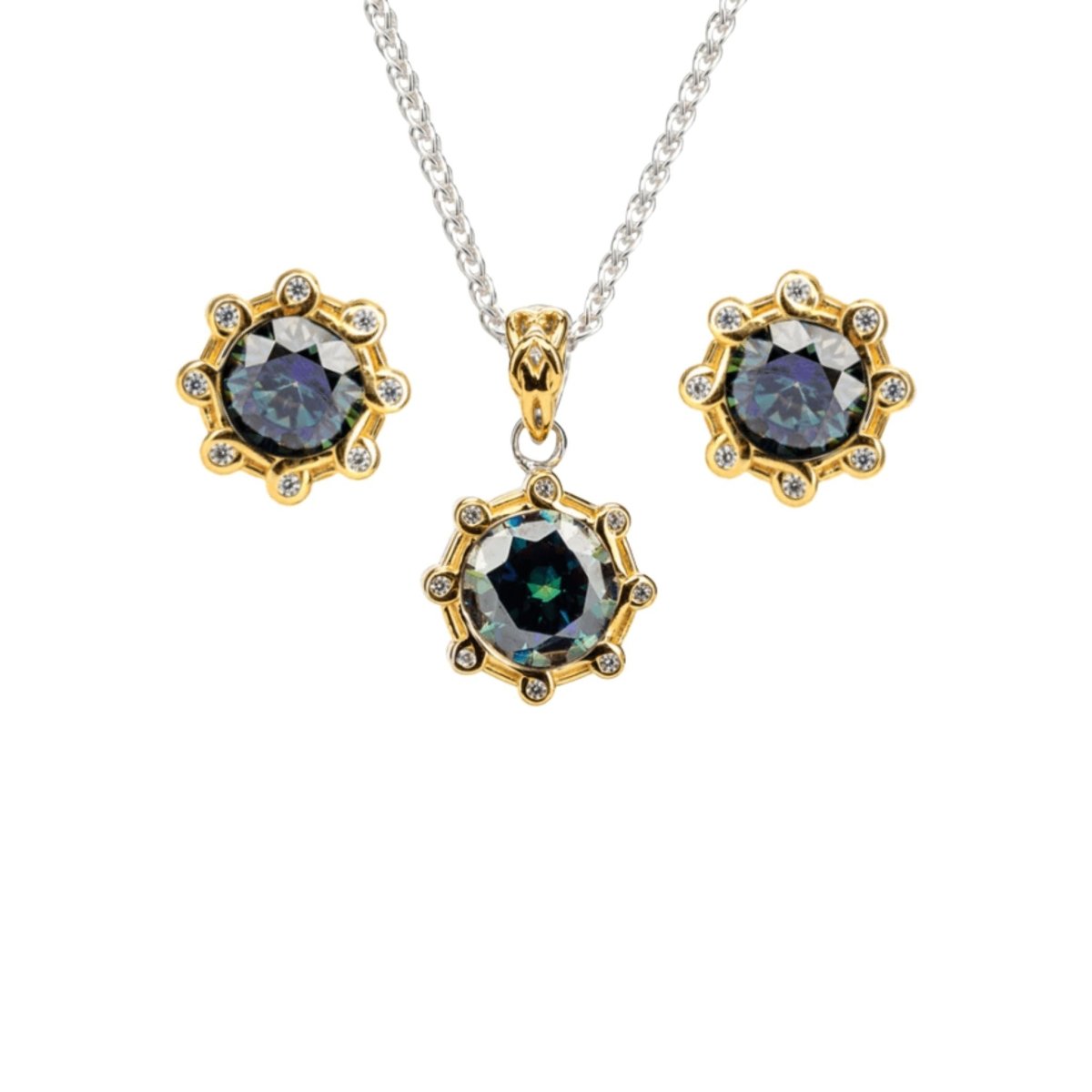 Sterling Silver and 23k Gold Celestial Earrings with Blue Moissanite - The Celtic Gift Store - Earrings