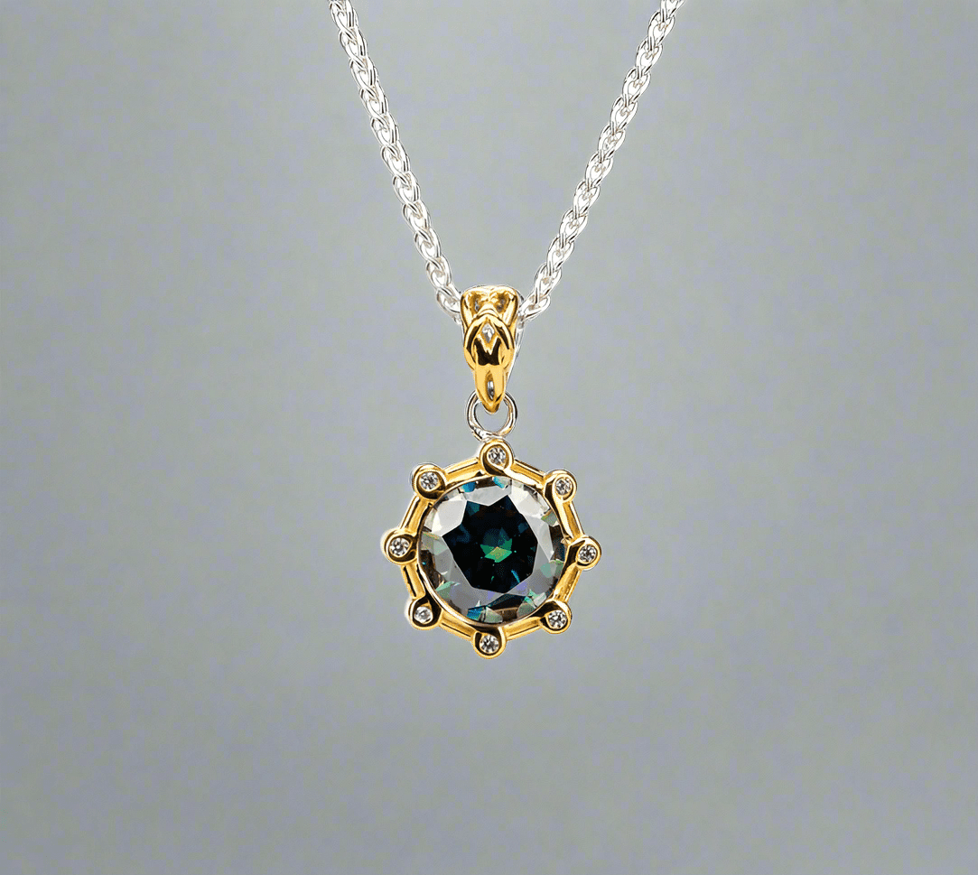 Sterling Silver and 23k Gold Celestial Necklace with Blue Moissanite - The Celtic Gift Store - Necklaces