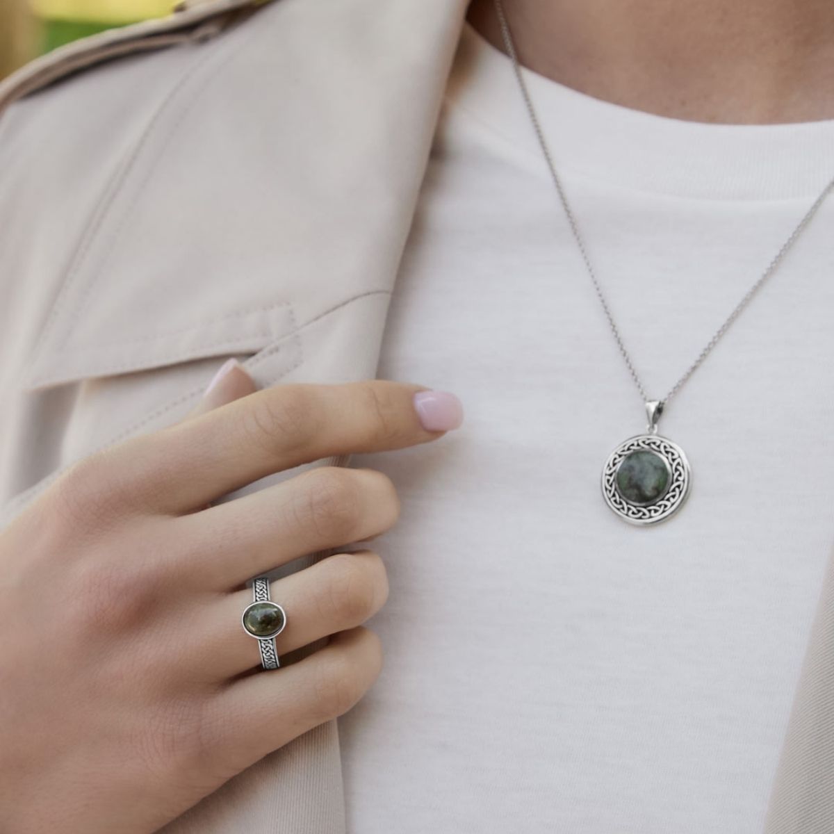 Sterling Silver and Connemara Marble Celtic Knot Ring