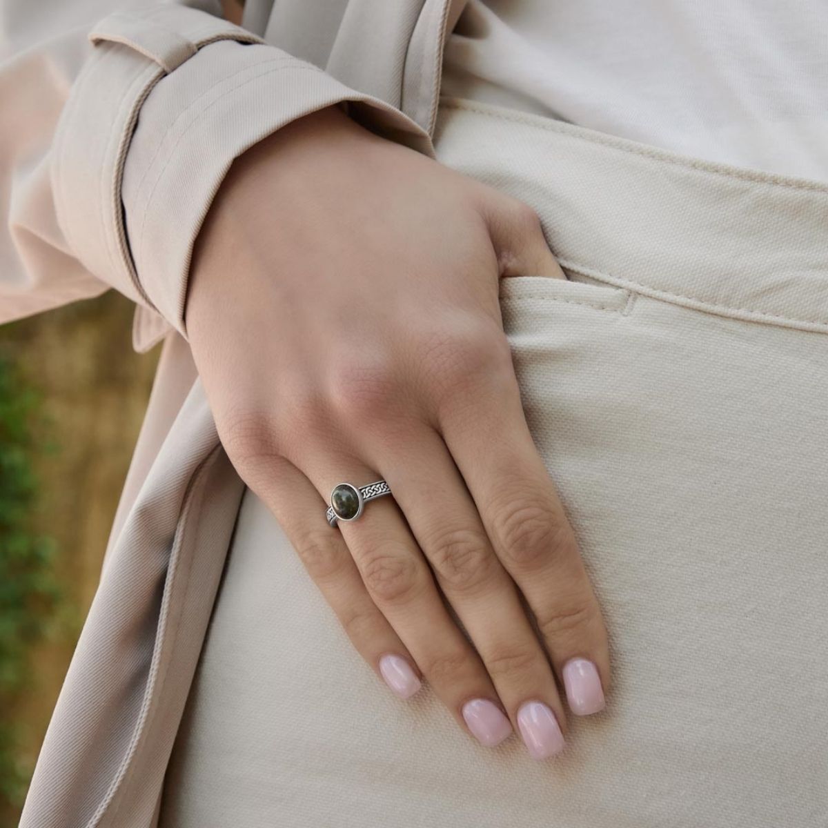 Sterling Silver and Connemara Marble Celtic Knot Ring