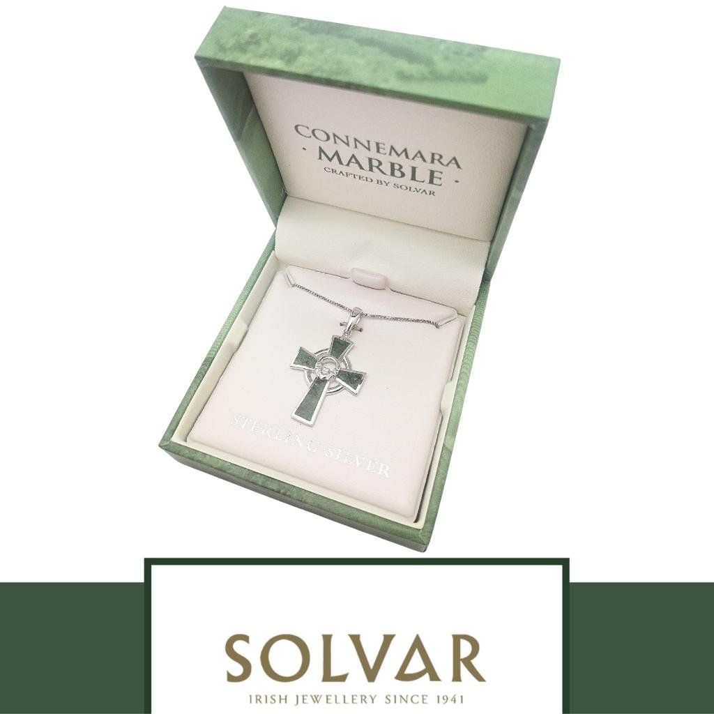 Sterling Silver and Connemara Marble Claddagh Celtic Cross