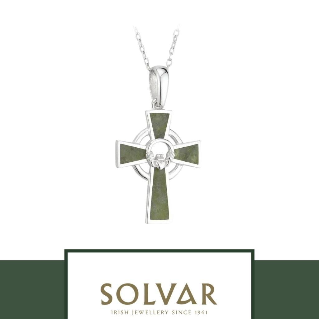 Sterling Silver and Connemara Marble Claddagh Celtic Cross