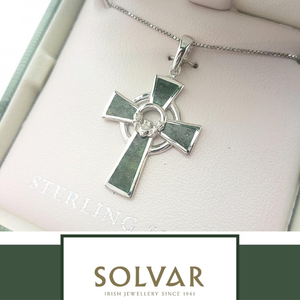 Sterling Silver and Connemara Marble Claddagh Celtic Cross