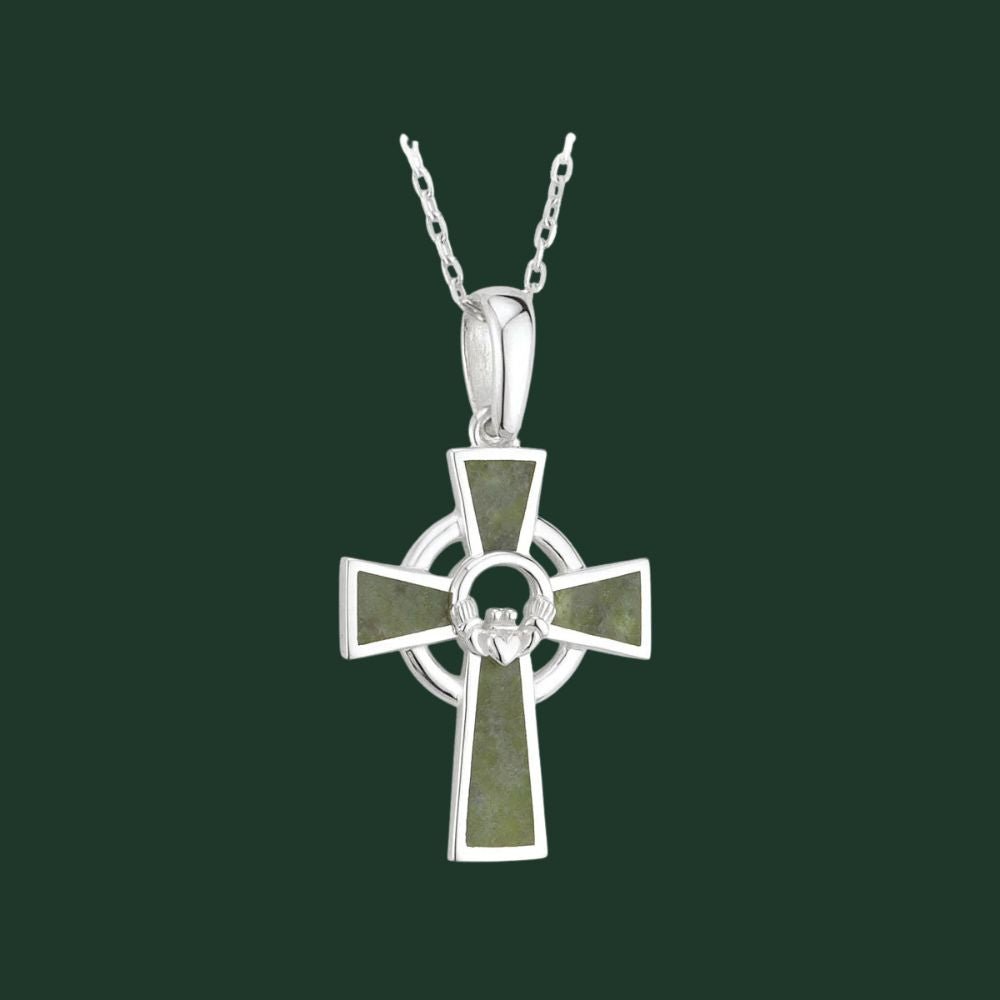 Sterling Silver and Connemara Marble Claddagh Celtic Cross