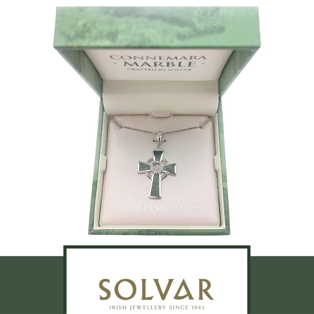 Sterling Silver and Connemara Marble Claddagh Celtic Cross