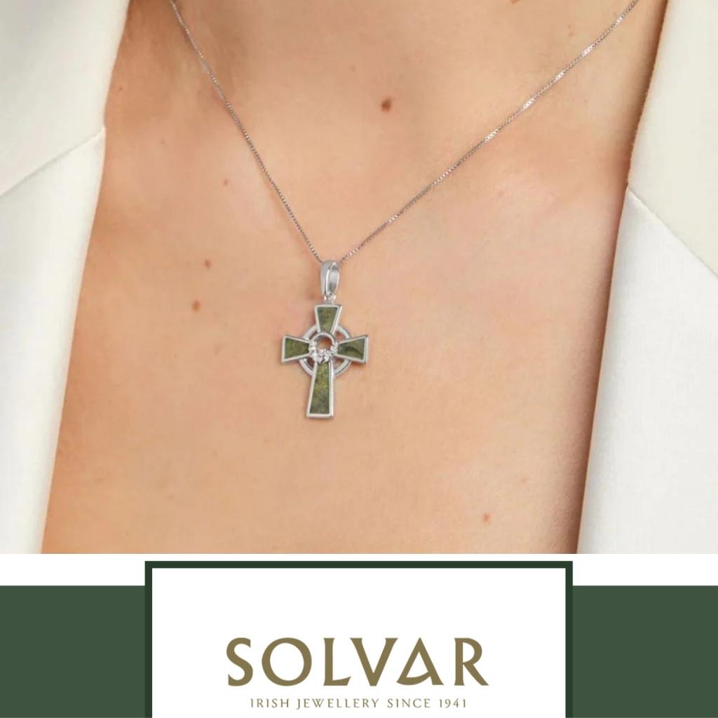 Sterling Silver and Connemara Marble Claddagh Celtic Cross