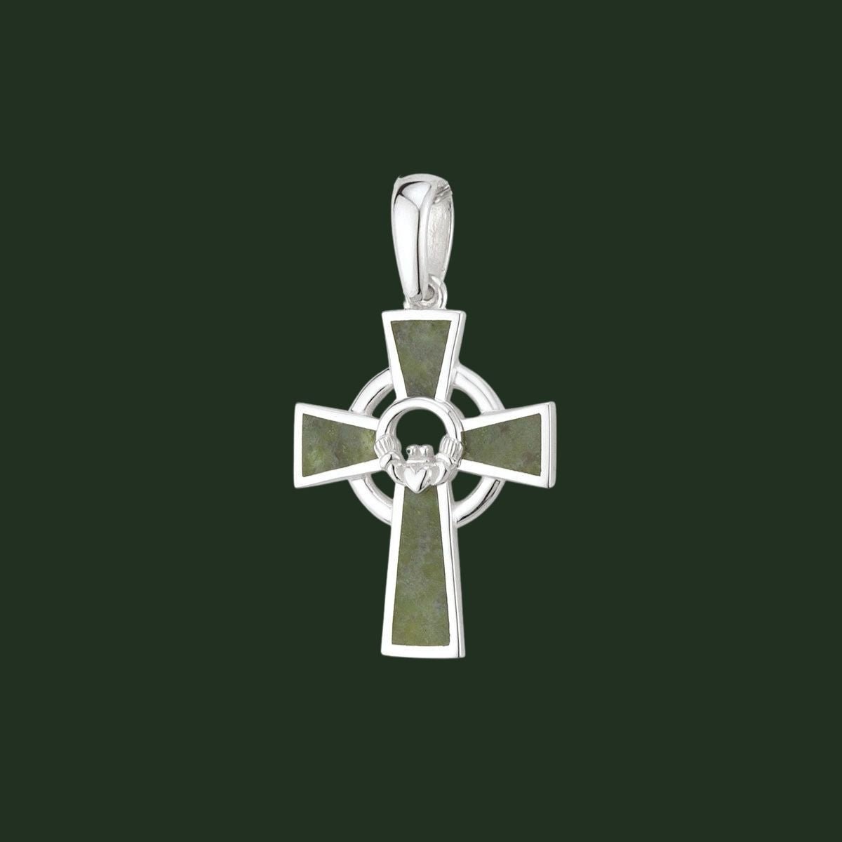 Sterling Silver and Connemara Marble Claddagh Celtic Cross