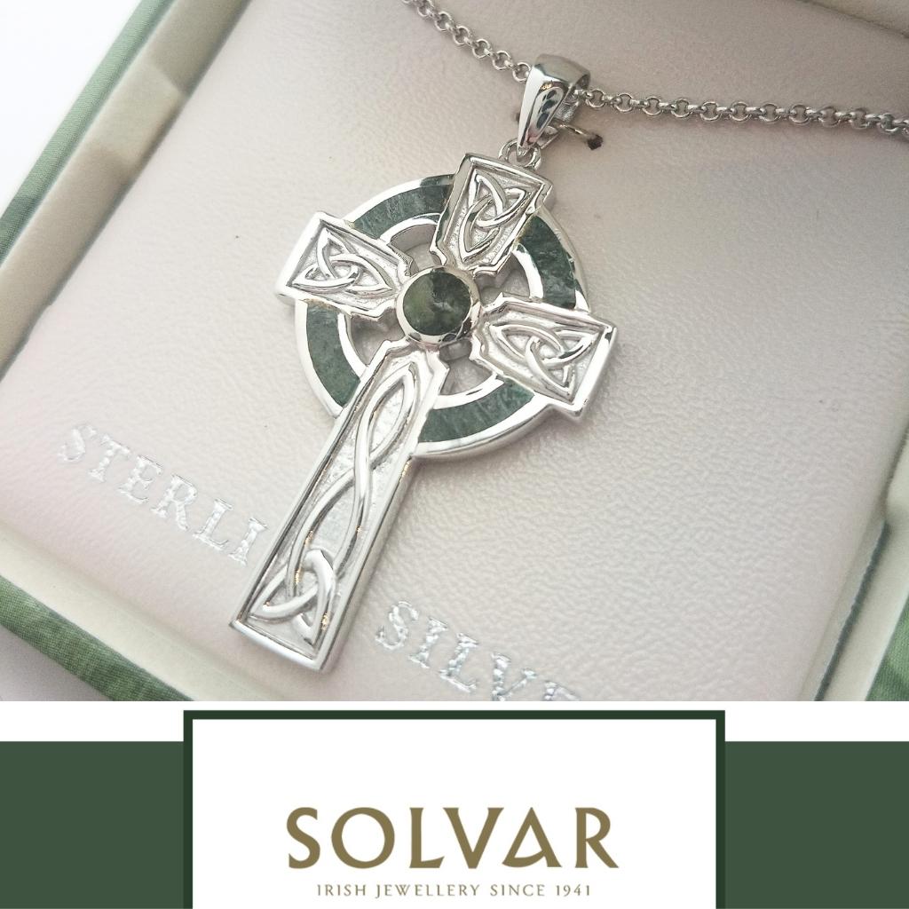 Sterling Silver and Connemara Marble Trinity Knot Celtic Cross- Large