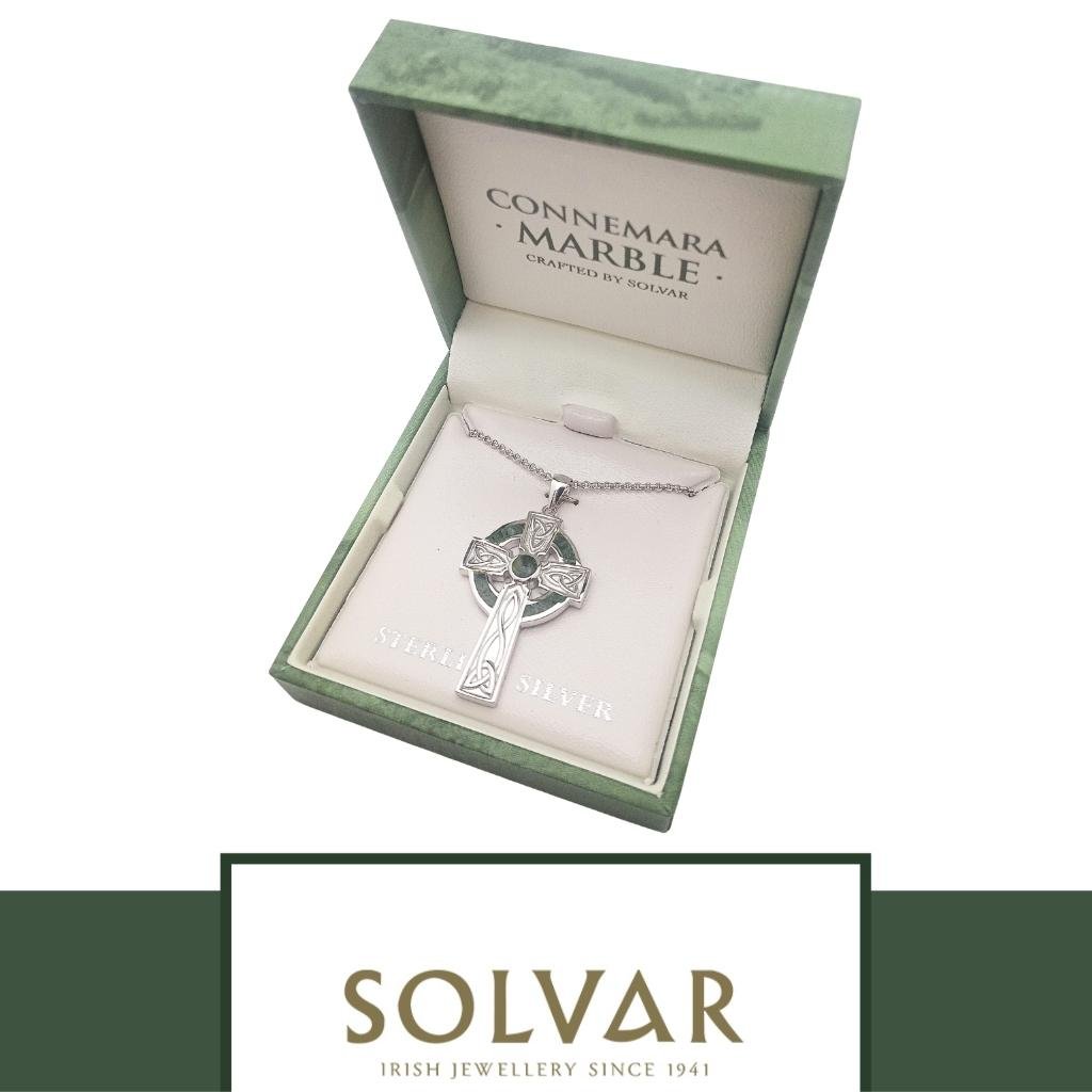 Sterling Silver and Connemara Marble Trinity Knot Celtic Cross- Large
