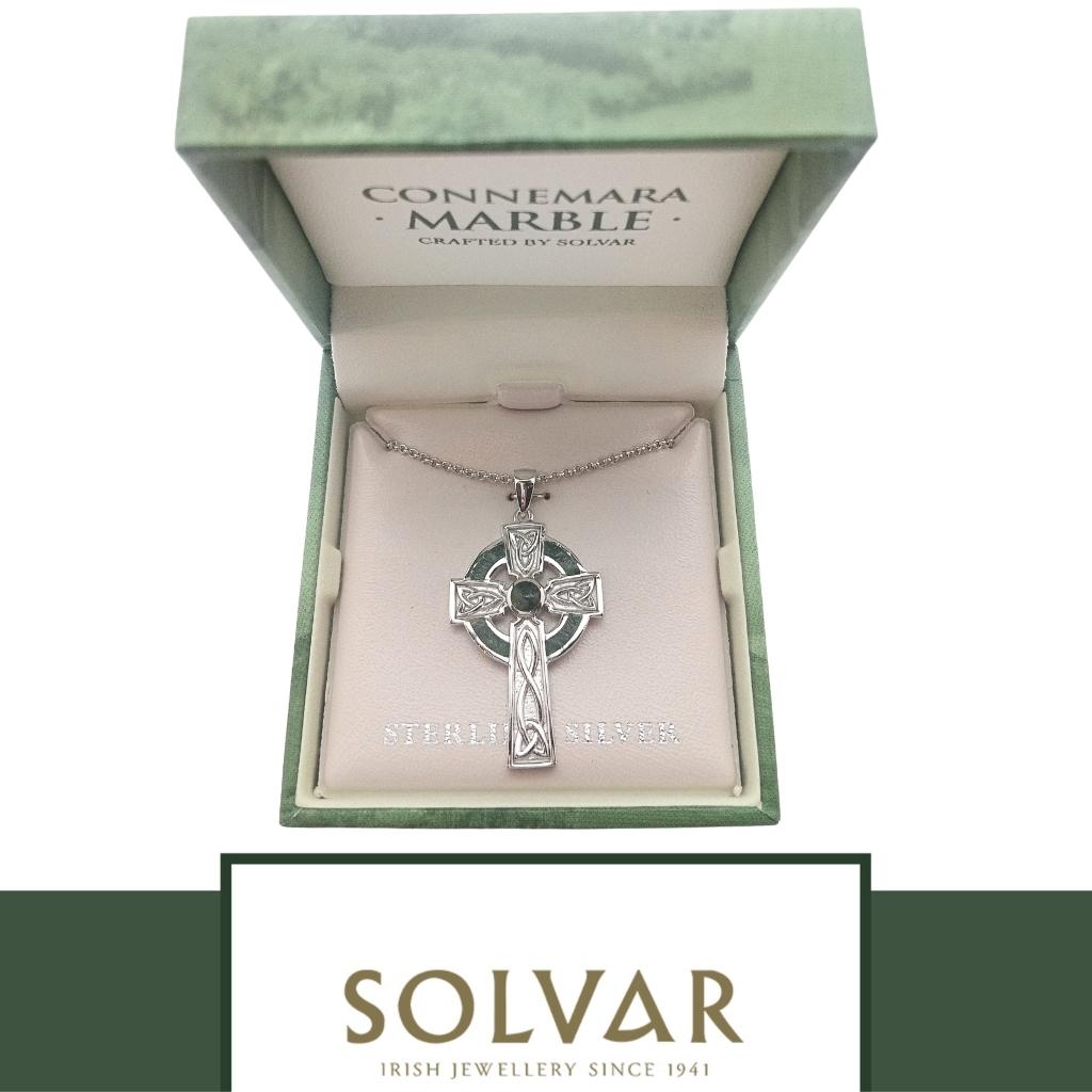 Sterling Silver and Connemara Marble Trinity Knot Celtic Cross- Large