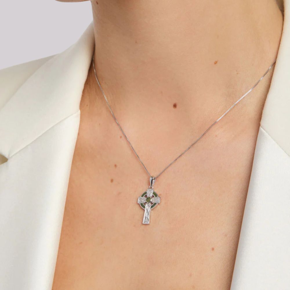 Sterling Silver and Connemara Marble Trinity Knot Celtic Cross - Small